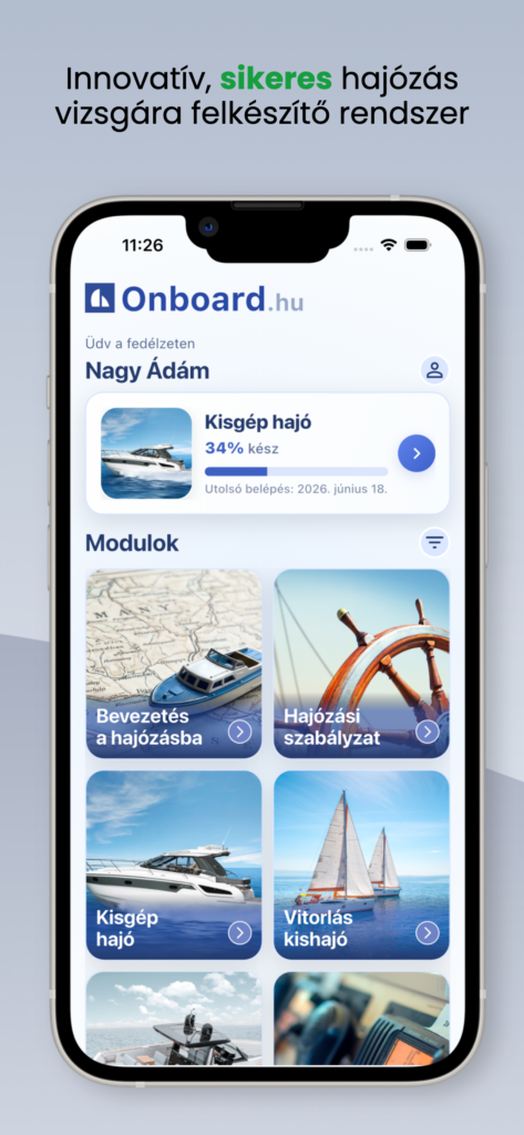 Onboard Hajózás Teszt app témaválasztás képernyő